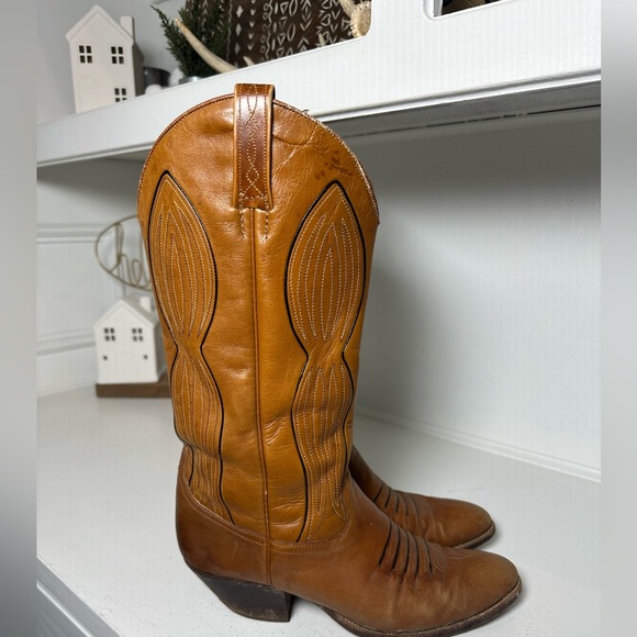 Vintage Dan Post Women’s 7.5C Tan Cowboy Boot Classic Western Leather Made Spain - Picture 4 of 8